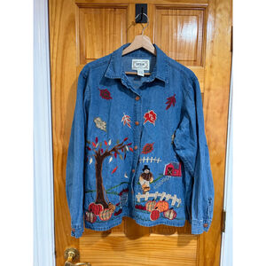 Vintage 90s Tantrums Embroidered Denim Shirt Jacket Womens Large Fall Harvest